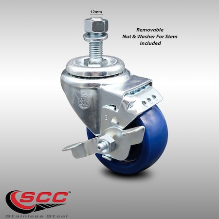 Service Caster 3.5 Inch SS Solid Polyurethane Swivel 12mm Threaded Stem Caster with Brake SCC-SSTS20S3514-SPUS-TLB-M1215